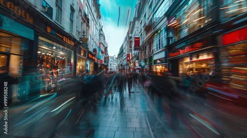 Fototapeta Naklejka Na Ścianę i Meble -  Motion blurred view of busy shopping street in London with pedestrians and vibrant storefronts