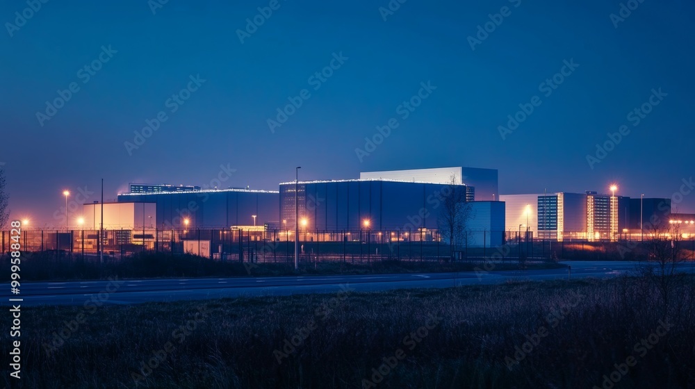 Large scale data center building complex at night. Large scale data center building complex at night.