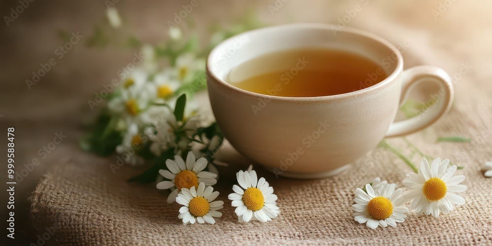 Chamomile Tea in a Cup with Fresh Chamomile Flowers Chamomile Tea in a Cup with Fresh Chamomile Flowers