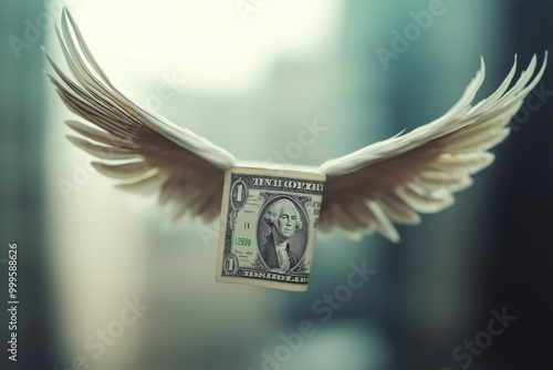 Flying dollar bills  captivating photography of money with wings and stacked cash