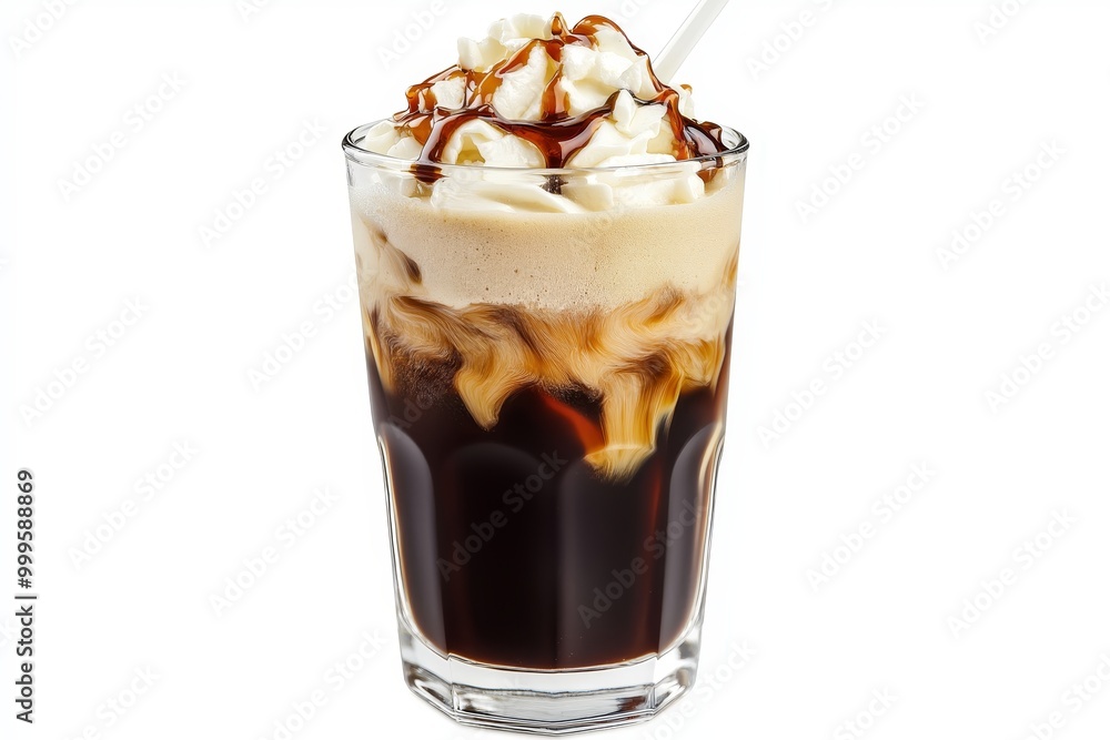 Iced coffee with cream poured over it isolated on a white background in professional photography Iced coffee with cream poured over it isolated on a white background in professional photography