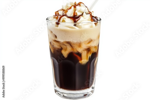 Iced coffee with cream poured over it isolated on a white background in professional photography