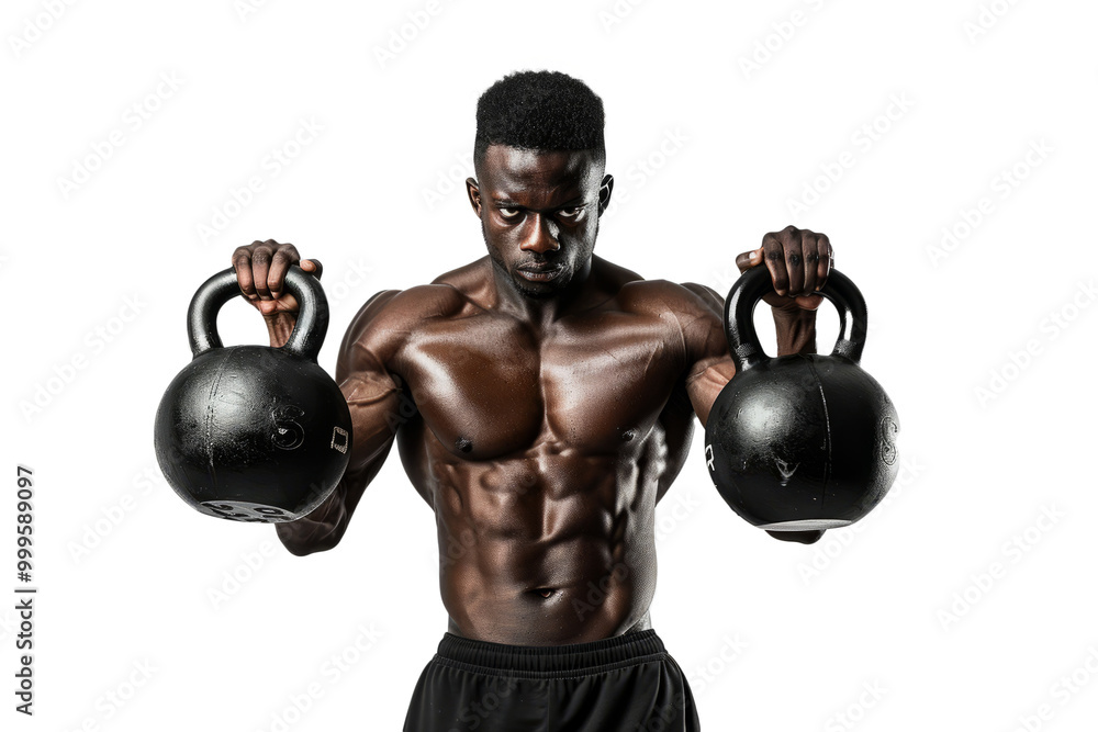 Motivational athlete training with kettlebells, conveying the essence of strength and determination, on a white background. Motivational athlete training with kettlebells, conveying the essence of strength and determination, on a white background.