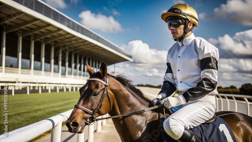 Horse Jockey Getting Ready for Competition, Equestrian Racing Track Setting, Dynamic Sports Atmosphere.