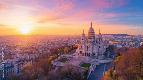 Aerial view of Saur Basilica, showcasing its majestic placement on Montmartre with panoramic views of Paris in the background. photo