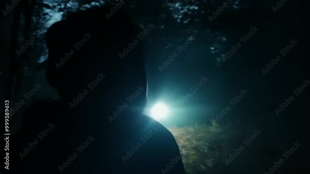 Silhouette of a person in a dark forest with a soft green glow in the distance. Silhouette of a person in a dark forest with a soft green glow in the distance.