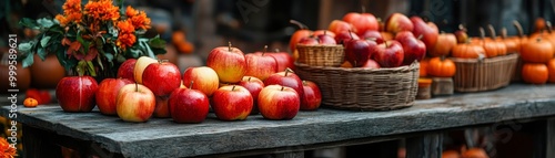 A rustic display of vibrant apples and seasonal flowers sits on a wooden table, perfect for autumn-themed projects, food blogs, or marketing materials related to fresh produce,