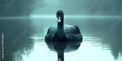Fototapeta Naklejka Na Ścianę i Meble -  A serene black swan gracefully glides across a tranquil misty lake. The image captures the calm beauty of nature in a soft color palette. Ideal for nature lovers and meditation themes. AI
