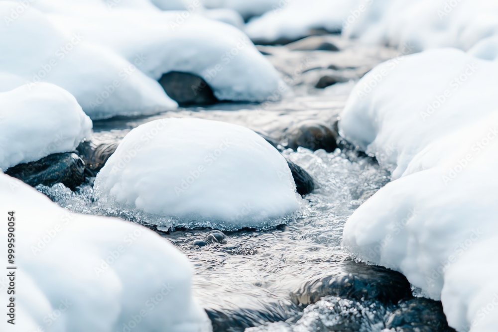 A serene winter scene featuring a gentle stream flowing between snow-covered rocks, capturing the beauty of nature in cold weather. A serene winter scene featuring a gentle stream flowing between snow-covered rocks, capturing the beauty of nature in cold weather.