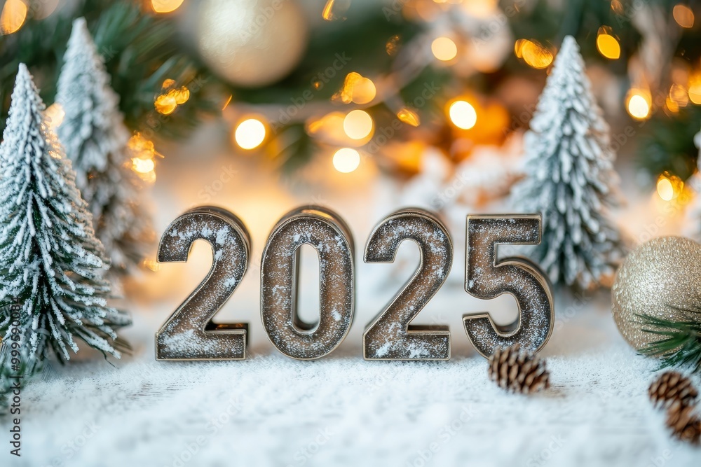 Metal numbers 2025 on a white table with Christmas trees lights. Generative AI. Metal numbers 2025 on a white table with Christmas trees lights. Generative AI.