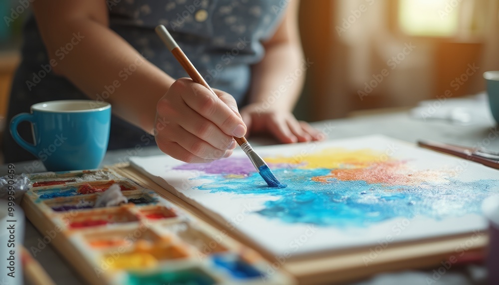 An artist is painting with watercolors on a canvas, using bright and vibrant colors, while a cup of water sits nearby. The scene highlights creativity and artistic expression. An artist is painting with watercolors on a canvas, using bright and vibrant colors, while a cup of water sits nearby. The scene highlights creativity and artistic expression.