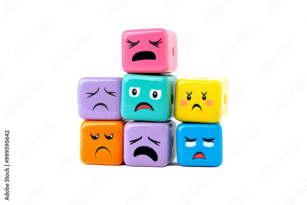 A stack of colorful cubes, each representing a different facial expression, emotion such as excitement, sadness and curiosity, isolated on white background. A stack of colorful cubes, each representing a different facial expression, emotion such as excitement, sadness and curiosity, isolated on white background.