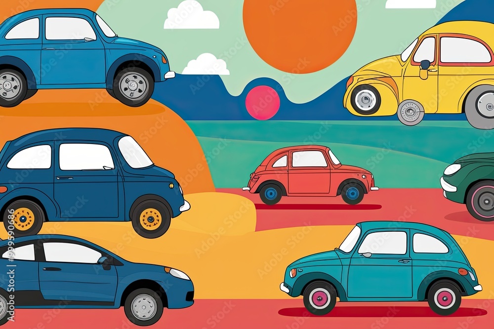 Vibrant Vector Illustration of Fun Cars in a Colorful Landscape Vibrant Vector Illustration of Fun Cars in a Colorful Landscape