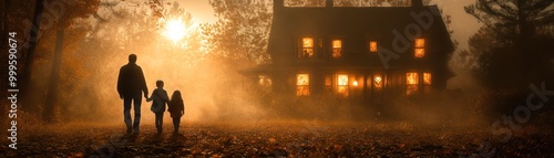 A foggy autumn scene depicts a parent and child walking toward a warmly lit house, creating a sense of nostalgia and mystery, ideal for storytelling, family themes, or seasonal promotions,