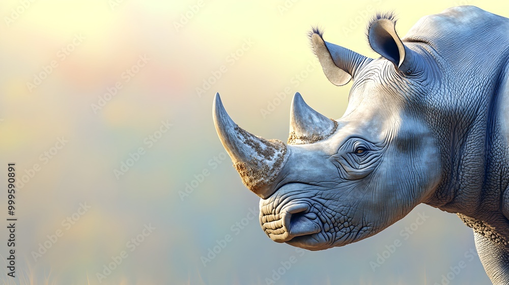 A 3D rhinoceros faces forward, positioned on the right against a calming soft pastel background. The image highlights the toughness and endurance of these majestic creatures in a zoo setting, A 3D rhinoceros faces forward, positioned on the right against a calming soft pastel background. The image highlights the toughness and endurance of these majestic creatures in a zoo setting,