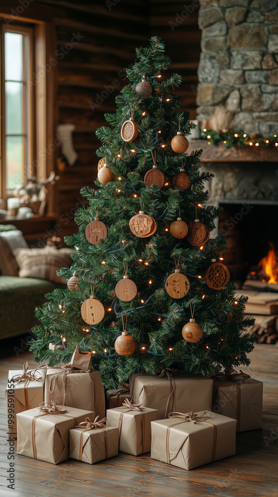 Rustic Christmas tree with handmade wooden ornaments Rustic Christmas tree with handmade wooden ornaments