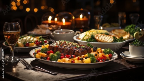 A table served for Christmas family dinner.