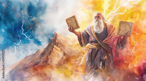 Watercolor painting, Moses holding the Bible on Mount Sinai, according to biblical accounts where he receives the Ten Commandments from God