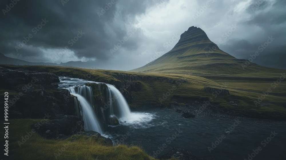 A dramatic view of Kirkjufell under a stormy sky, with the cascading waters of Kirkjufellsfoss providing contrast A dramatic view of Kirkjufell under a stormy sky, with the cascading waters of Kirkjufellsfoss providing contrast