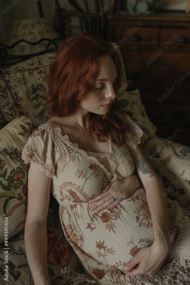 Fototapeta premium A woman with vibrant red hair sits on a bed, looking contemplative