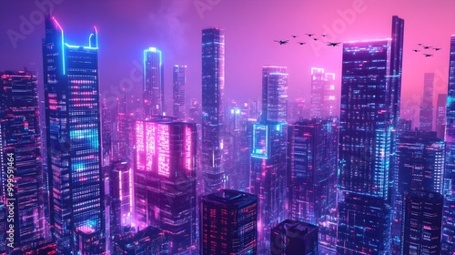 Wallpaper Mural A vibrant futuristic technology hub filled with neon-lit skyscrapers that tower over the cityscape, each adorned with glowing digital displays and innovative designs. Advanced data centers are  Torontodigital.ca