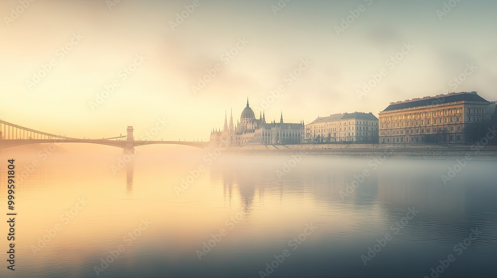 A misty morning along the Danube River, with the Chain Bridge and Parliament building barely visible through the soft fog. A misty morning along the Danube River, with the Chain Bridge and Parliament building barely visible through the soft fog.