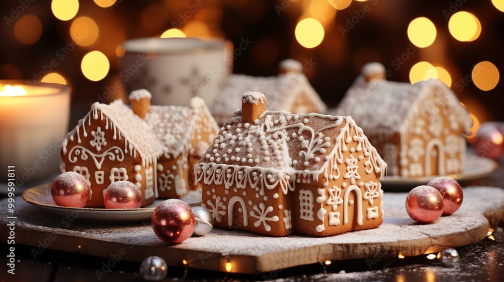 Beautiful and cozy Christmas background. Close up of gingerbread houses on table. Beautiful and cozy Christmas background. Close up of gingerbread houses on table.