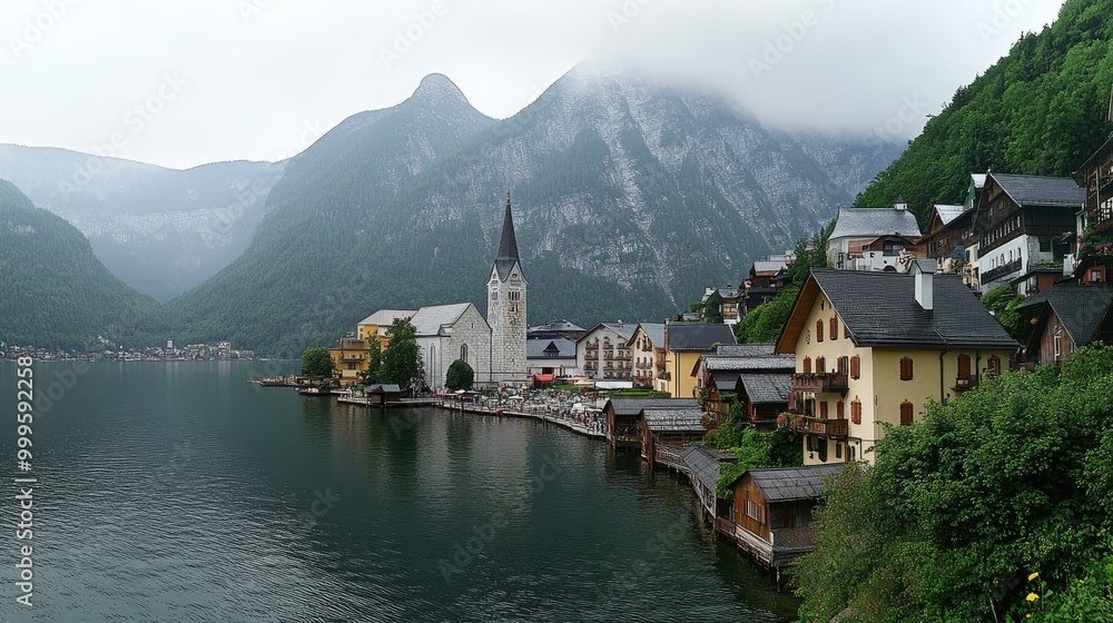 A panoramic view of Hallstatt from across the lake, capturing the idyllic town nestled between the water and the towering mountains. A panoramic view of Hallstatt from across the lake, capturing the idyllic town nestled between the water and the towering mountains.