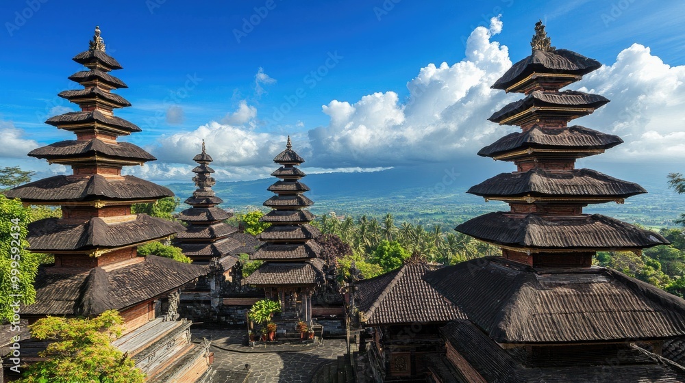 A panoramic view of Pura Besakih, Balilargest temple, with its multi-tiered pagodas standing tall against a blue sky. A panoramic view of Pura Besakih, Balilargest temple, with its multi-tiered pagodas standing tall against a blue sky.