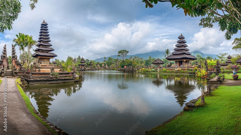 A panoramic view of Pura Taman Ayun temple complex in Bali, surrounded by tranquil water gardens and lush tropical greenery. A panoramic view of Pura Taman Ayun temple complex in Bali, surrounded by tranquil water gardens and lush tropical greenery.
