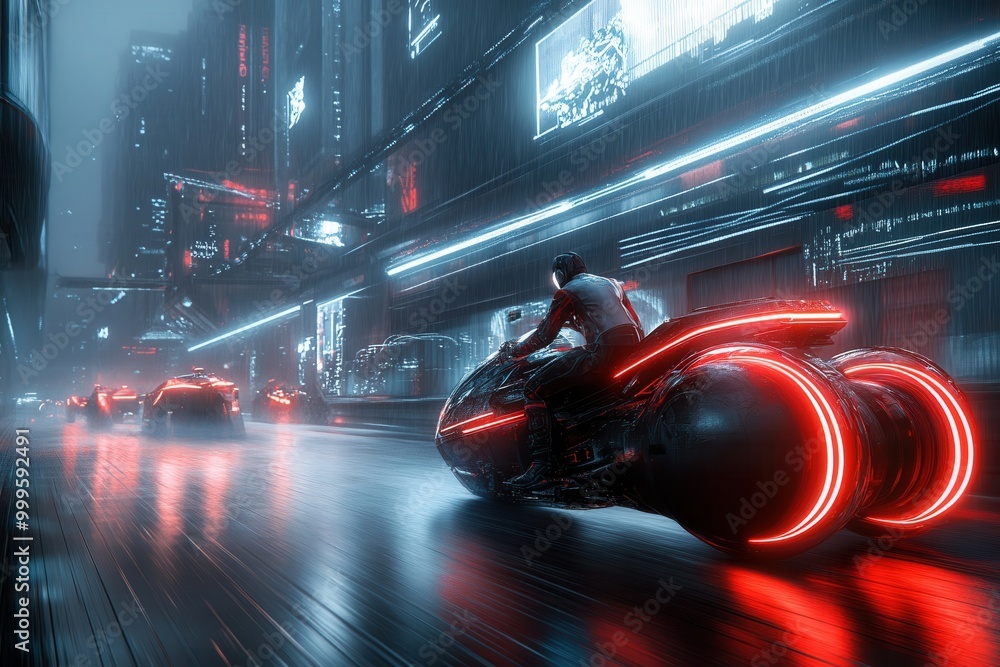 futuristic city ride in a Hugh tech futuristic motorcycle through neon streets futuristic city ride in a Hugh tech futuristic motorcycle through neon streets
