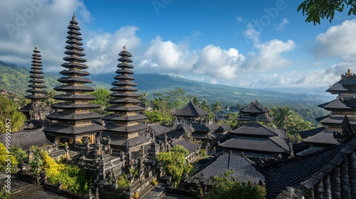 Wallpaper Mural A panoramic view of Pura Besakih, Balilargest temple, with its multi-tiered pagodas standing tall against a blue sky. Torontodigital.ca