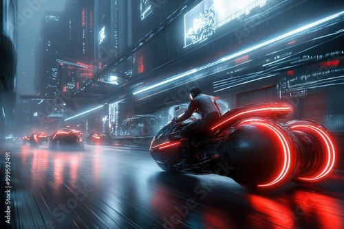 futuristic city ride in a Hugh tech futuristic motorcycle through neon streets