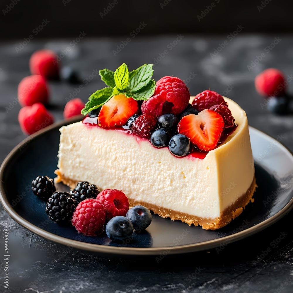 A slice of New York cheesecake topped with fresh berries A slice of New York cheesecake topped with fresh berries