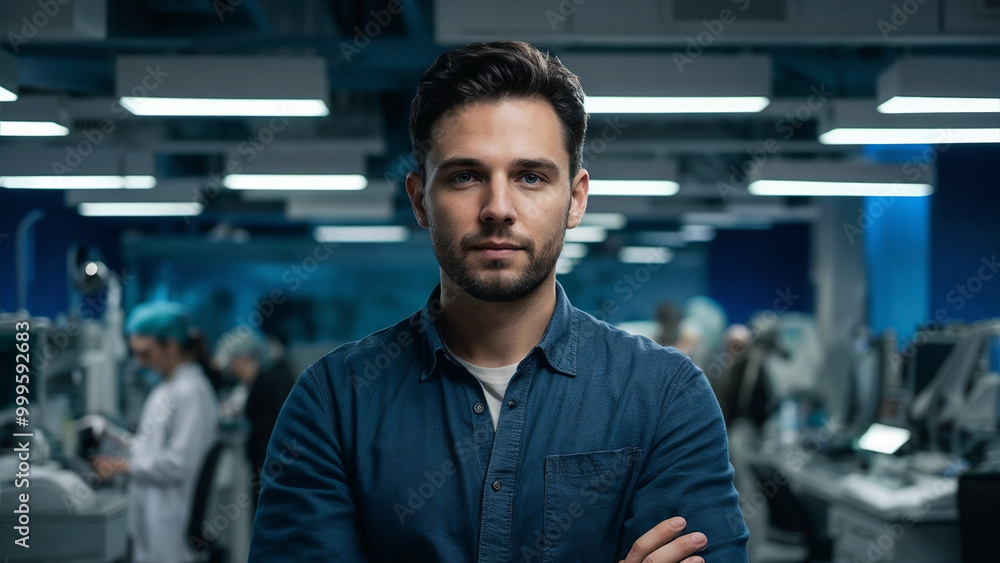 Confident young man standing with crossed arms in a modern laboratory setting Confident young man standing with crossed arms in a modern laboratory setting