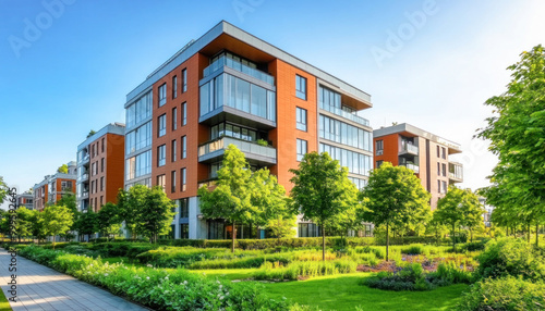 Modern, new apartment buildings with a beautiful facade surrounded by trees and green areas