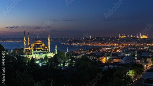 A panoramic view of the Blue Mosque illuminated at night, with the vibrant city of Istanbul surrounding it.