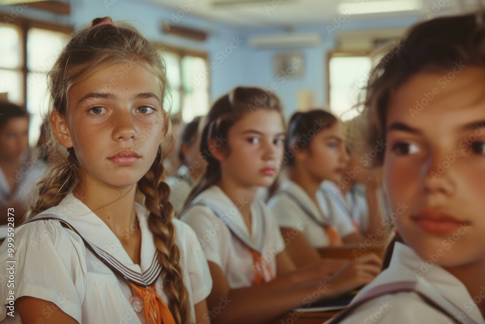 A group of young girls seated at desks in a traditional classroom setting, suitable for education or child-related themes A group of young girls seated at desks in a traditional classroom setting, suitable for education or child-related themes
