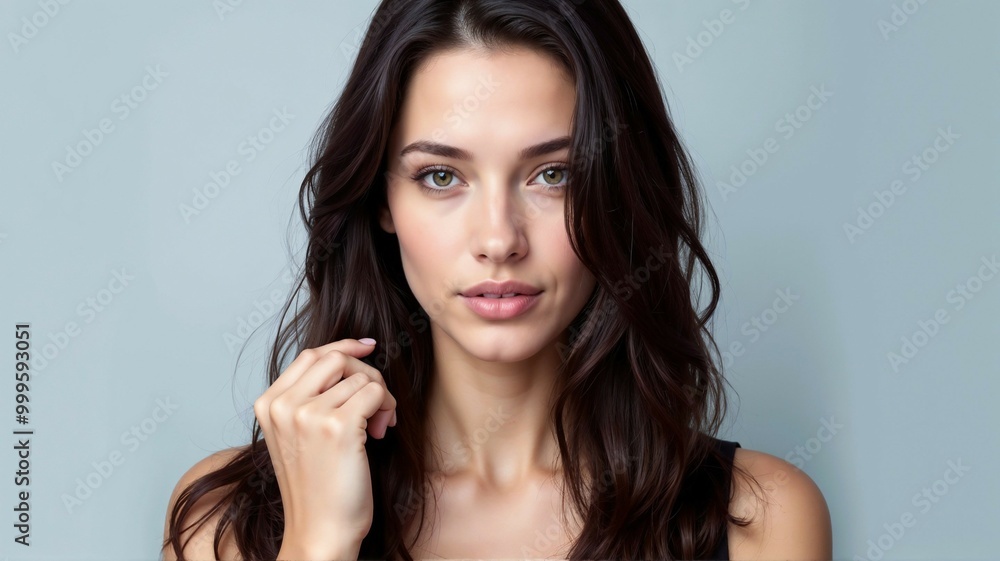 Portrait of a beautiful young Caucasian woman with long hair posing against a gray background Portrait of a beautiful young Caucasian woman with long hair posing against a gray background