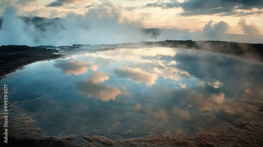 Fototapeta premium A peaceful scene at Iceland's Geysir, with steam rising gently from the earth as the natural hot spring lies dormant.