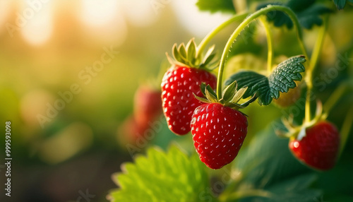 A close-up of small, ripe wild strawberries hanging from a delicate vine, basking in the soft