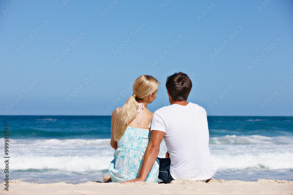 Back view, sky space or couple at beach to relax with love on vacation, valentines day or holiday. Tropical, mockup or people at ocean for bonding together at sea on romantic trip on island in Greece Back view, sky space or couple at beach to relax with love on vacation, valentines day or holiday. Tropical, mockup or people at ocean for bonding together at sea on romantic trip on island in Greece