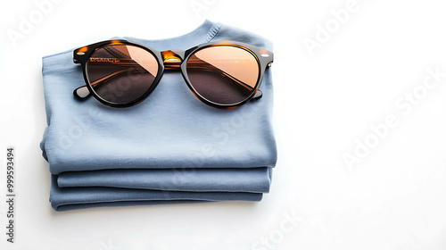 A stack of blue shirts with a pair of tortoise shell sunglasses on top.