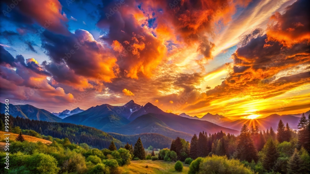 The sun sets majestically over peaceful mountains, as brilliant clouds and vibrant hues reflect nature's beauty in a The sun sets majestically over peaceful mountains, as brilliant clouds and vibrant hues reflect nature's beauty in a