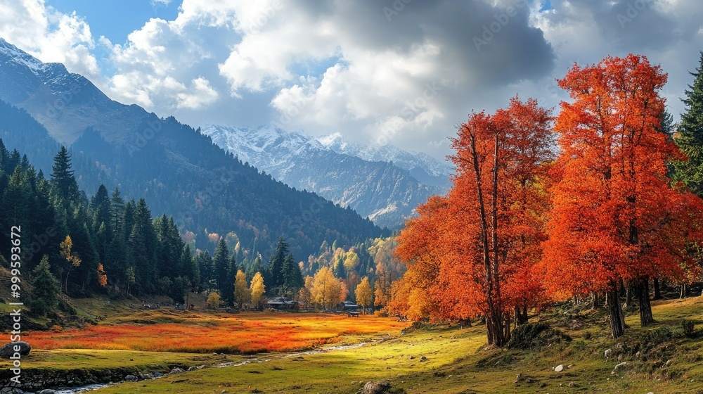 A scenic view of Pahalgam during autumn, with vibrant orange and red foliage, towering pine trees, and distant mountain peaks. A scenic view of Pahalgam during autumn, with vibrant orange and red foliage, towering pine trees, and distant mountain peaks.