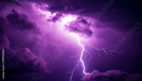 A dramatic nighttime scene with bright lightning cutting through a dark purple sky