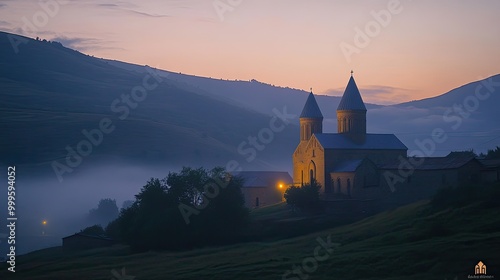 A serene morning at Svetitskhoveli Cathedral, with the first light of dawn softly illuminating the ancient structure and the surrounding hills. photo