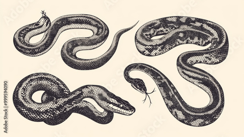 This illustration features different types of snakes: pythons, boas, an eastern racer, and an Indian cobra. It's drawn in an old-fashioned, vintage style with hand-drawn details. photo