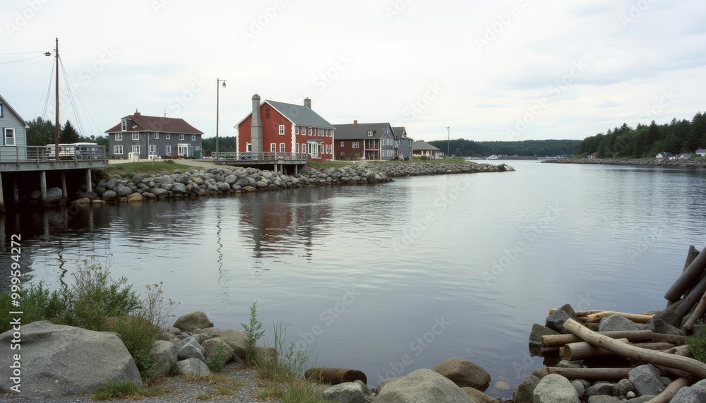 Tranquil waterside village under a cloudy sky Tranquil waterside village under a cloudy sky