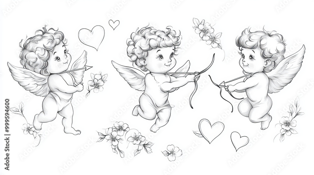 Adorable little angels with bows and arrows. Charming Cupids with wings, flying through the sky with hearts and flowers. These charming children are drawn in a classic black and white style. Adorable little angels with bows and arrows. Charming Cupids with wings, flying through the sky with hearts and flowers. These charming children are drawn in a classic black and white style.